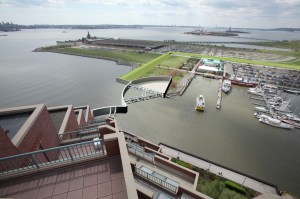 Illustration of one of 27 flood protection components, a surge barrier at the Tidewater Basin, south of downtown Jersey City